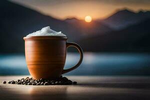 Kaffee, das Sonne, Berge, Kaffee Bohnen, hd Hintergrund. KI-generiert foto