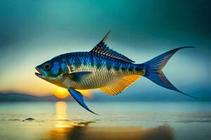 ein Fisch mit Blau und Gelb Flossen beim Sonnenuntergang. KI-generiert foto
