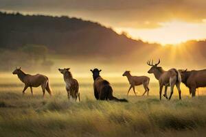 ein Herde von Hirsch und Antilope im das Sonnenuntergang. KI-generiert foto