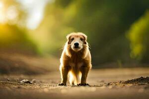 ein Hund ist Stehen auf ein Schmutz Straße. KI-generiert foto