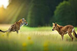 ein Jaguar und ein Hund im ein Feld. KI-generiert foto