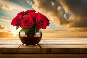 Rosen im ein Vase auf ein hölzern Tabelle mit ein Sonnenuntergang im das Hintergrund. KI-generiert foto