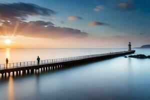 ein Mann und Frau gehen entlang ein Seebrücke beim Sonnenuntergang. KI-generiert foto