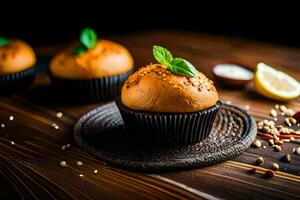 Cupcakes mit Zimt und Gewürze auf ein hölzern Tisch. KI-generiert foto