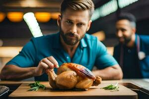 ein Mann ist vorbereiten ein geröstet Hähnchen auf ein Schneiden Tafel. KI-generiert foto