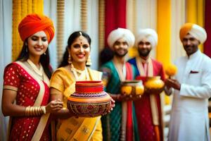 indisch Hochzeit Party mit traditionell Kleidung. KI-generiert foto