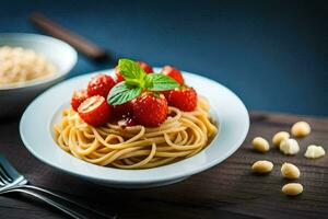 Spaghetti mit Erdbeeren und Nüsse auf ein hölzern Tisch. KI-generiert foto