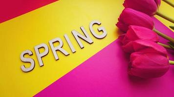 Frühling Konzept. Strauß Tulpen auf buntem Hintergrund