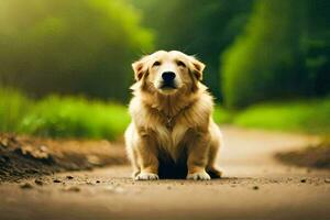 ein golden Retriever Sitzung auf das Straße im das Mitte von ein Feld. KI-generiert foto