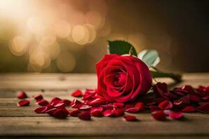 ein Single rot Rose auf ein hölzern Tabelle mit Blütenblätter verstreut. KI-generiert foto