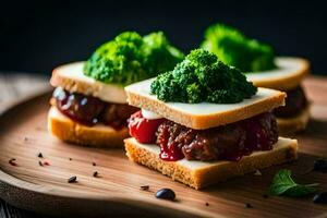 zwei Sandwiches mit Brokkoli und Fleisch auf ein hölzern Tafel. KI-generiert foto