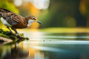 ein Vogel Stehen auf das Kante von ein Körper von Wasser. KI-generiert foto