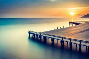 ein lange Exposition Foto von ein Seebrücke beim Sonnenuntergang. KI-generiert