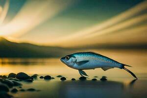 ein Fisch ist Stehen auf das Strand beim Sonnenuntergang. KI-generiert foto