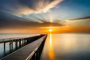 ein Seebrücke mit ein Sonne Rahmen Über das Wasser. KI-generiert foto