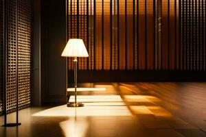 ein Lampe ist Sitzung auf ein Fußboden im ein Zimmer. KI-generiert foto