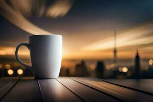 ein Kaffee Tasse auf ein Tabelle mit ein Stadt im das Hintergrund. KI-generiert foto