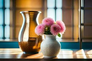 zwei Vasen mit Rosa Blumen Sitzung auf ein Tisch. KI-generiert foto