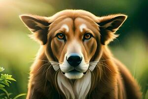ein Gemälde von ein braun Hund im das Gras. KI-generiert foto