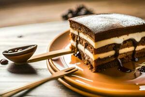 ein Scheibe von Kuchen auf ein Platte. KI-generiert foto