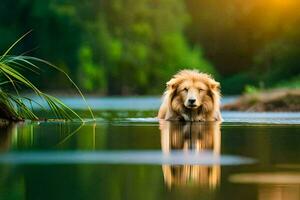 ein Hund ist Stehen im das Wasser mit es ist Kopf aus. KI-generiert foto