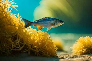 ein Fisch Schwimmen im das Ozean in der Nähe von etwas Gelb Anemonen. KI-generiert foto