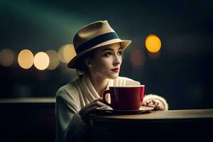 ein Frau im ein Hut und Schal halten ein Tasse von Kaffee. KI-generiert foto