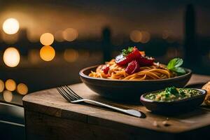 ein Schüssel von Pasta mit Tomate Soße und Brot auf ein hölzern Tisch. KI-generiert foto