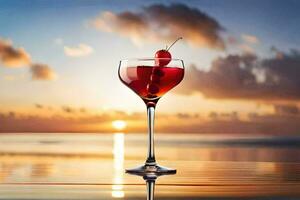 ein Cocktail mit Kirschen auf das Strand beim Sonnenuntergang. KI-generiert foto