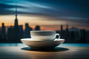 ein Kaffee Tasse sitzt auf ein Tabelle im Vorderseite von ein Stadt Horizont. KI-generiert foto