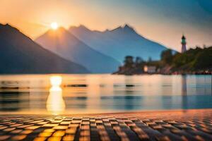 das Sonne ist Rahmen Über ein See und Berge. KI-generiert foto