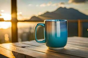 ein Blau Kaffee Becher auf ein hölzern Tabelle mit Berge im das Hintergrund. KI-generiert foto
