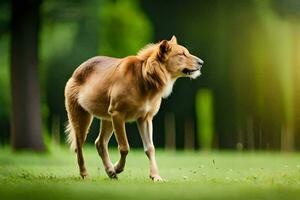 ein braun Hund ist Gehen auf das Gras. KI-generiert foto