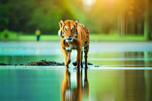 ein Tiger Gehen über ein Körper von Wasser. KI-generiert foto