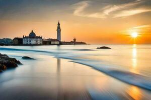 das Sonne steigt an Über das Meer und das Glocke Turm von das Kirche von san Marco. KI-generiert foto