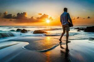 ein Mann Gehen auf das Strand beim Sonnenuntergang. KI-generiert foto