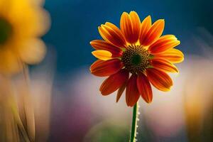 ein Single Orange Blume ist Stehen im Vorderseite von ein Feld. KI-generiert foto