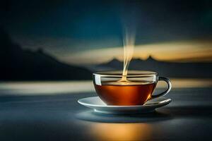 ein Tasse von Tee auf ein Tabelle mit ein Berg im das Hintergrund. KI-generiert foto