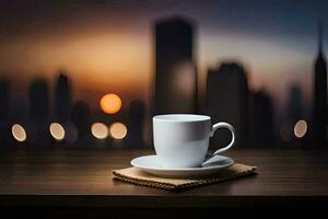 ein Kaffee Tasse sitzt auf ein Tabelle im Vorderseite von ein Stadt Horizont. KI-generiert foto