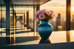 ein Vase mit Blumen Sitzung auf ein Tabelle im Vorderseite von ein Stadt Horizont. KI-generiert foto