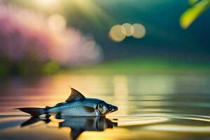 ein Fisch schwebend im das Wasser mit ein Sonne Rahmen hinter Es. KI-generiert foto