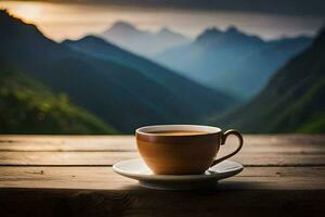 Kaffee Tasse auf das Tisch, Berge, Sonnenaufgang, Sonnenaufgang, das Berge, das Berge,. KI-generiert foto