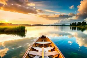 das Boot ist schwebend auf das Ruhe See beim Sonnenuntergang. KI-generiert foto
