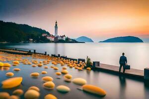 ein Mann Stehen auf ein Seebrücke suchen beim ein Leuchtturm und ein groß Ball von Gelb Bälle. KI-generiert foto