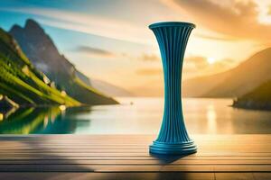 ein Vase auf ein hölzern Deck mit Blick auf ein See. KI-generiert foto