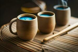 drei Tassen von Blau Tee mit ein hölzern Löffel. KI-generiert foto