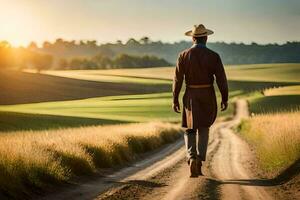 ein Mann im ein Cowboy Hut Spaziergänge Nieder ein Schmutz Straße. KI-generiert foto