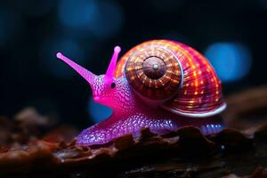 Schnecke glühend mit Neon- Licht. ein Neon- Schnecke kriecht entlang das Boden. generiert durch künstlich Intelligenz foto