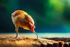 ein Vogel ist Stehen auf das Boden mit es ist Kopf runter. KI-generiert foto