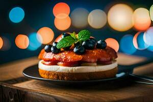 ein Kuchen mit Beeren und Sahne auf ein hölzern Tisch. KI-generiert foto